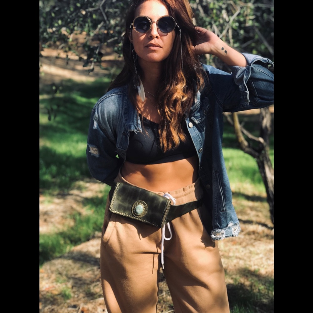Leather Bohemian Festival Utility Belt Jade Stone